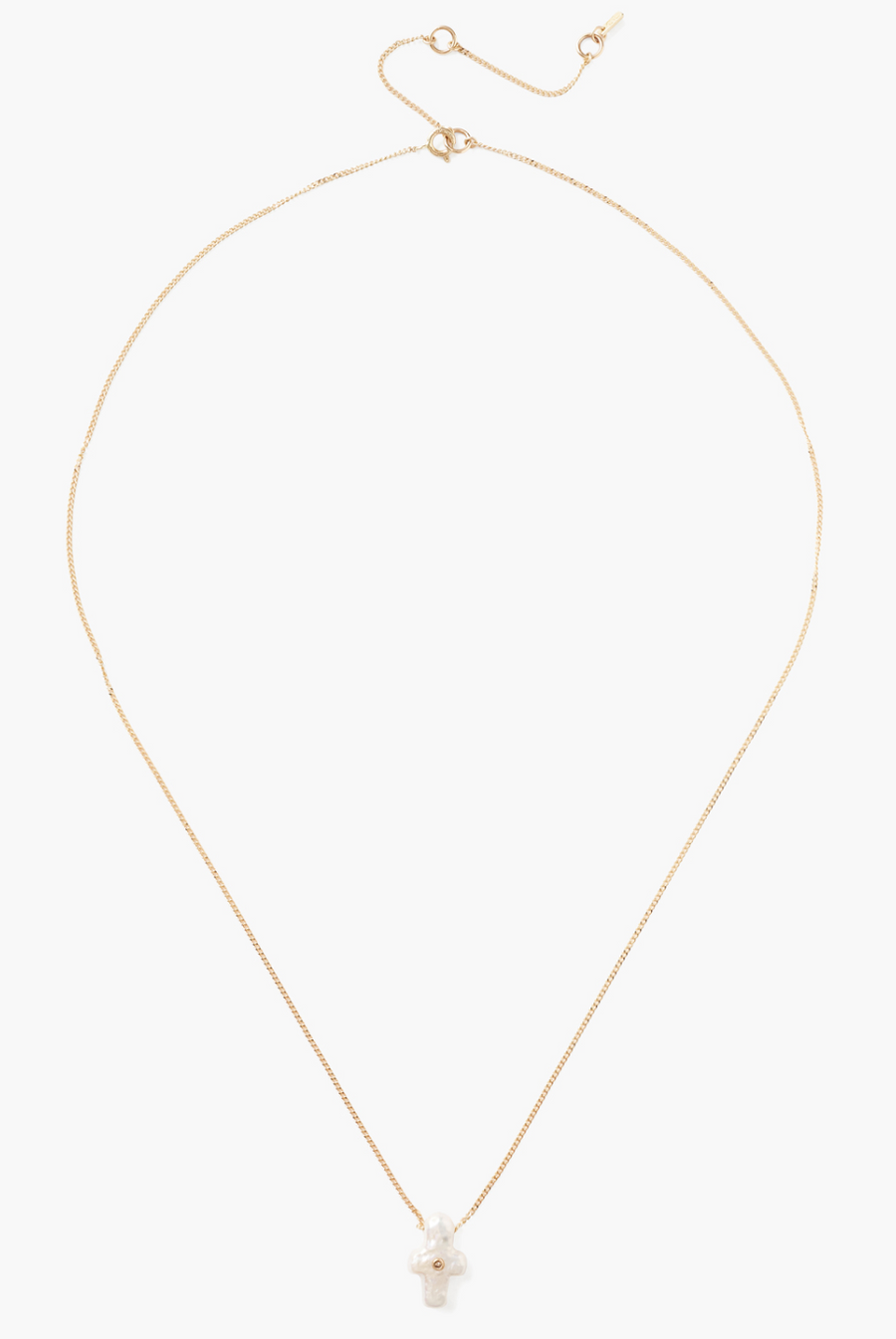 Mini White Freshwater Pearl Cross w/ Diamond Necklace - Gold