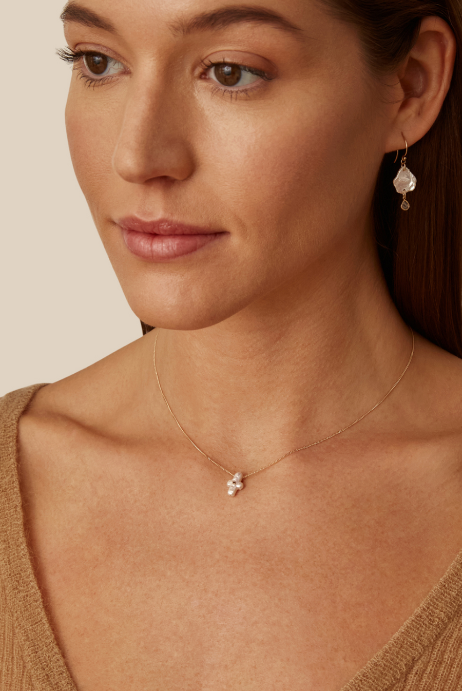 Mini White Freshwater Pearl Cross w/ Diamond Necklace - Gold