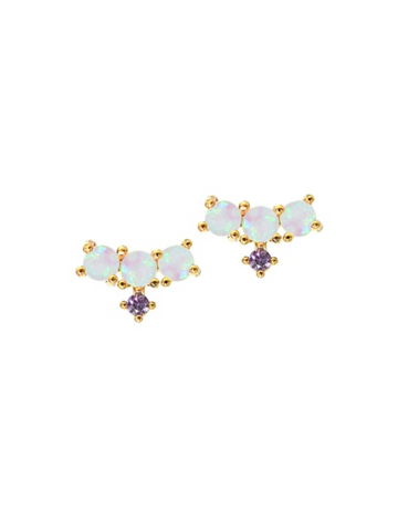 3 Opal with CZ Stone Stud Earrings - Gold