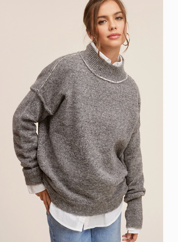 Reverse Stitch Funnel Neck Sweater - Grey