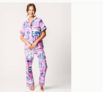 Marfa Toile Pant Pajama Set - Pink/Navy
