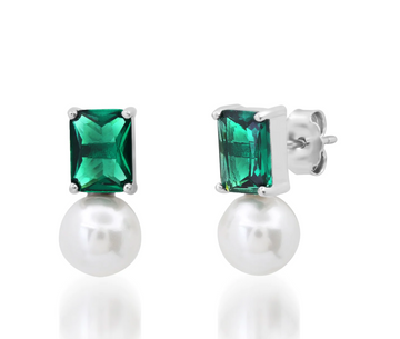 Emerald Cut Glass And Pearl Drop Earrings - Emerald