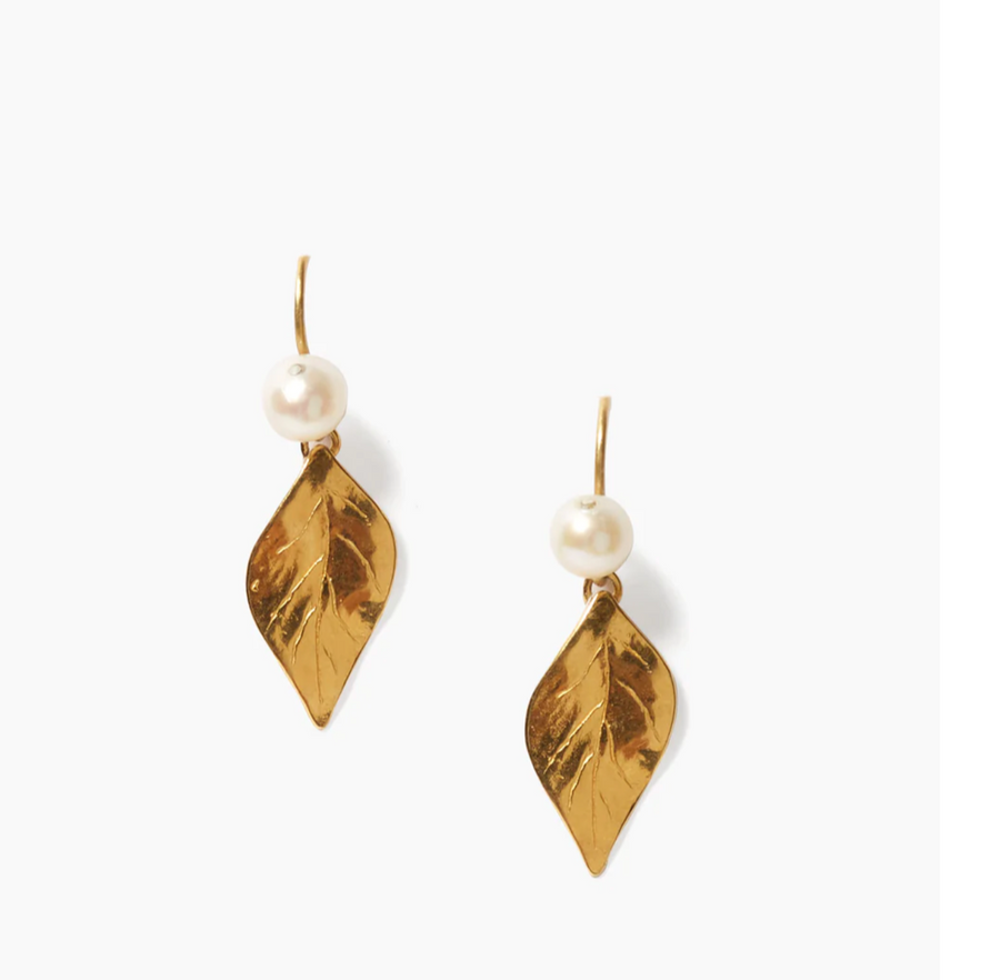 Pearl Falling Leaf Drop Earrings - Gold