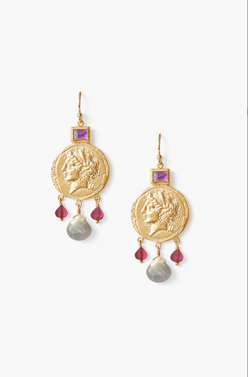 Amethyst Medusa Coin Earrings - Gold