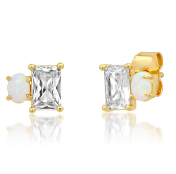 CZ And Opal Simple Stud Earrings - Gold