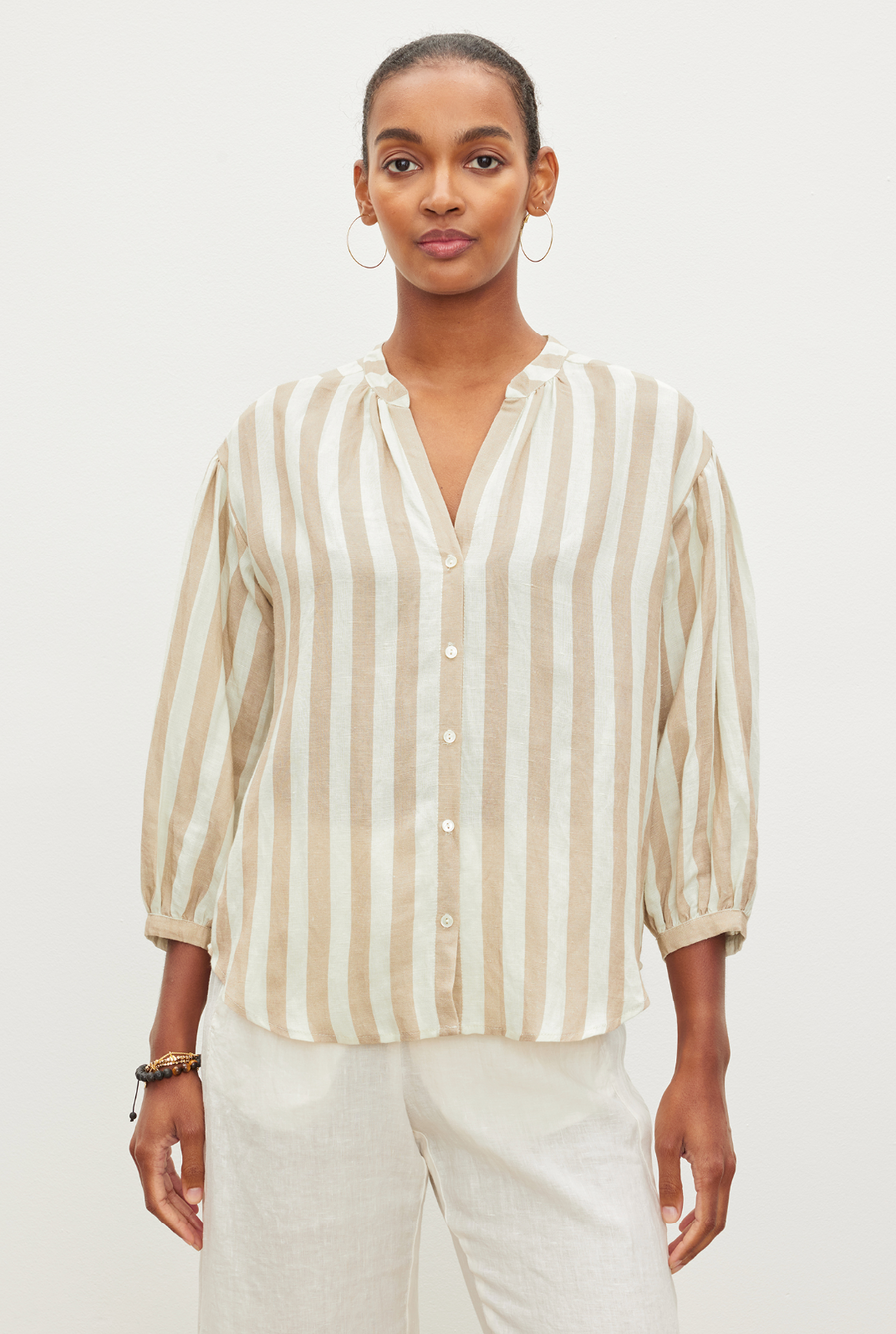 Gabby Linen Stripe Top - Khaki