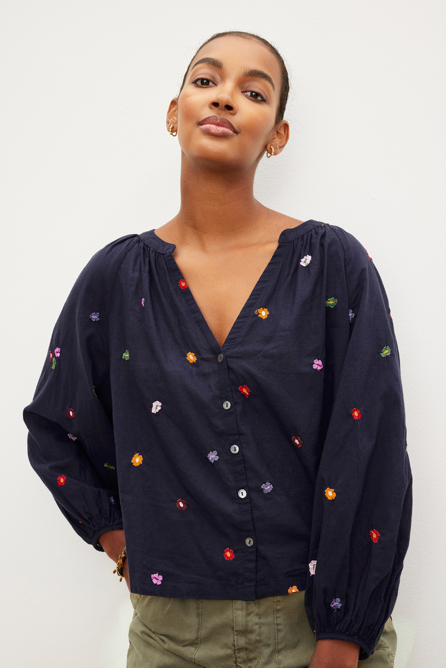 Aretha Embroidered Top - Navy