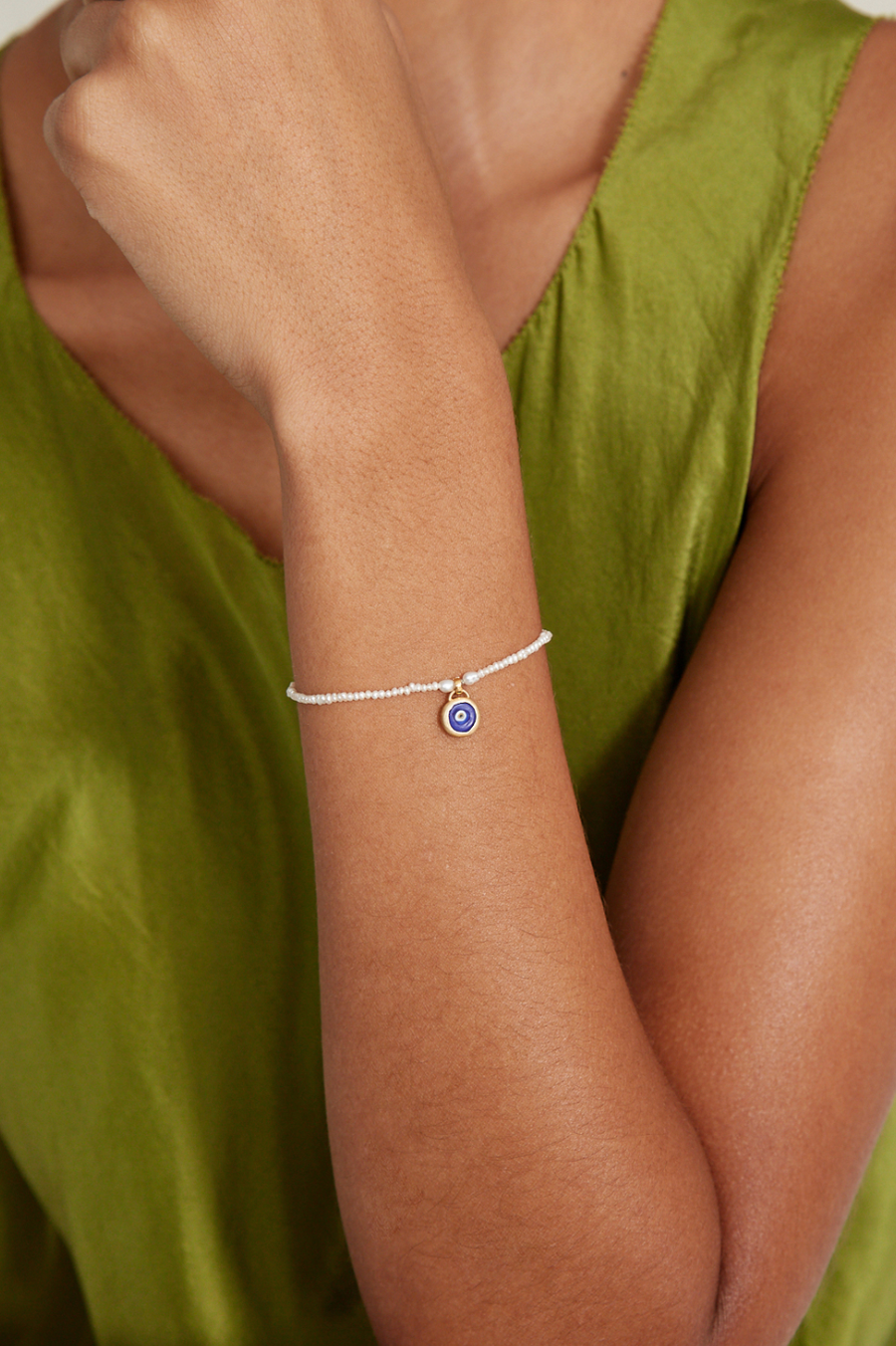 Mini Evil Eye And Pearl Bracelet - Blue Mix