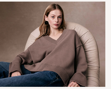 Organic Cotton Rib Trim Oversized V-Neck Sweater - Mocha