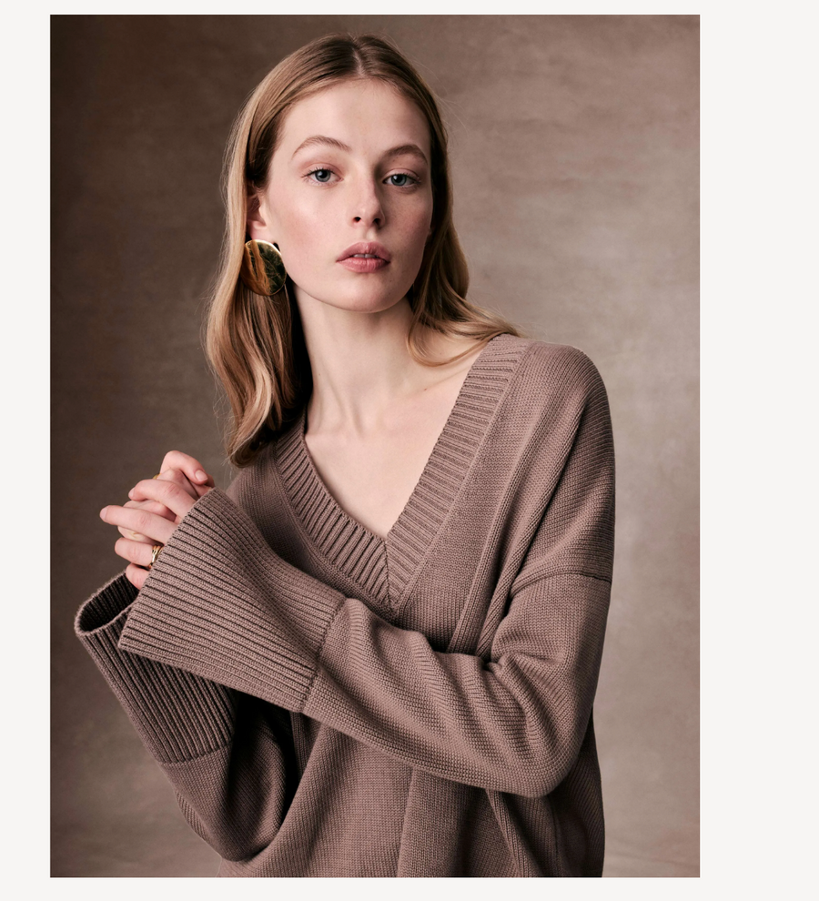 Organic Cotton Rib Trim Oversized V-Neck Sweater - Mocha