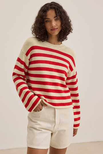 Velvet Lex Cotton Cashmere Stripe Sweater - Cream/Red