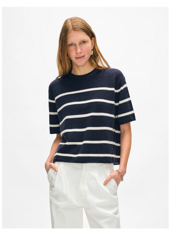 White + Warren Cashmere Roll Trim Tee Shirt - Navy/White Stripe