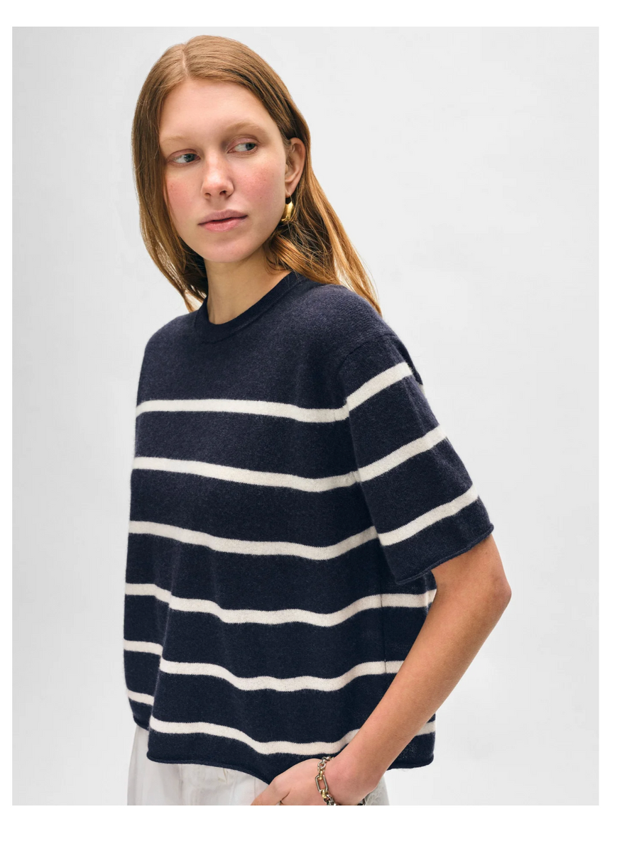 White + Warren Cashmere Roll Trim Tee Shirt - Navy/White Stripe