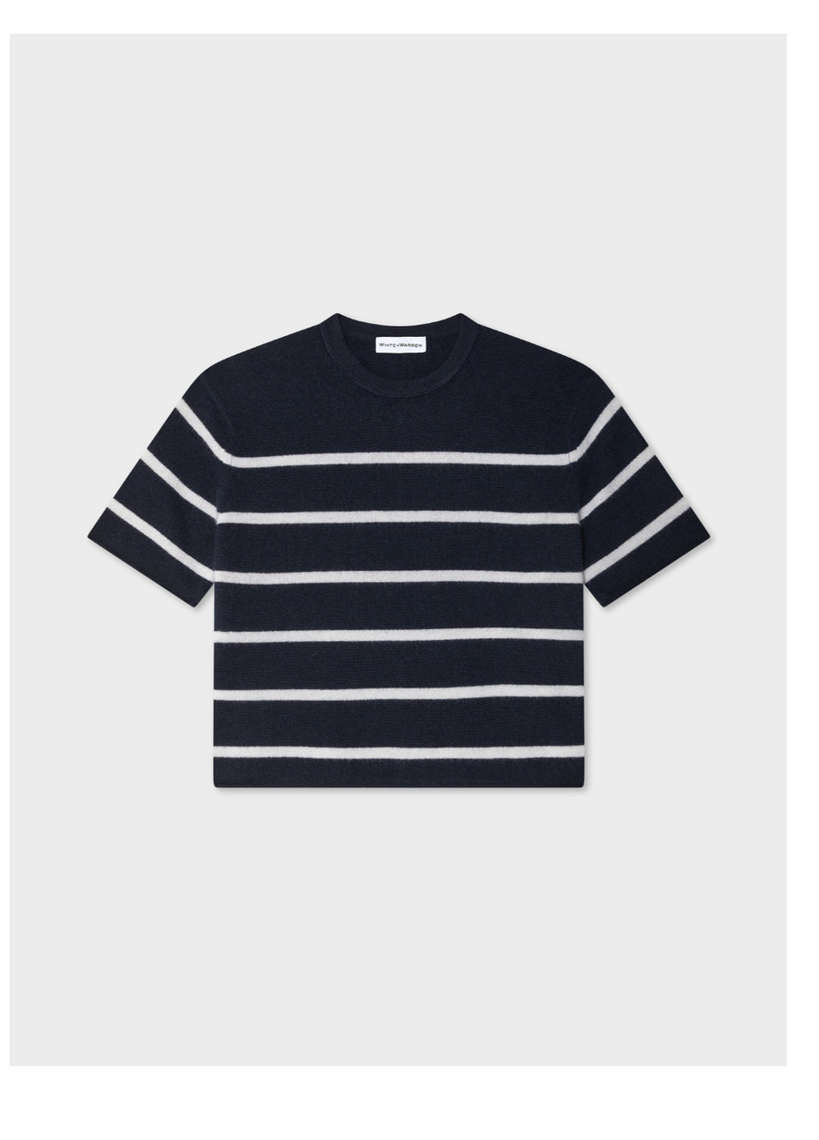 White + Warren Cashmere Roll Trim Tee Shirt - Navy/White Stripe