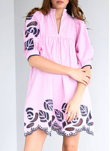 Never A Wallflower High Neck Embroidered Dress - Prism Pink