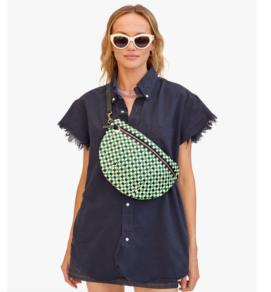 Clare V. Grande Fanny - Green Apple Multi Woven Checker