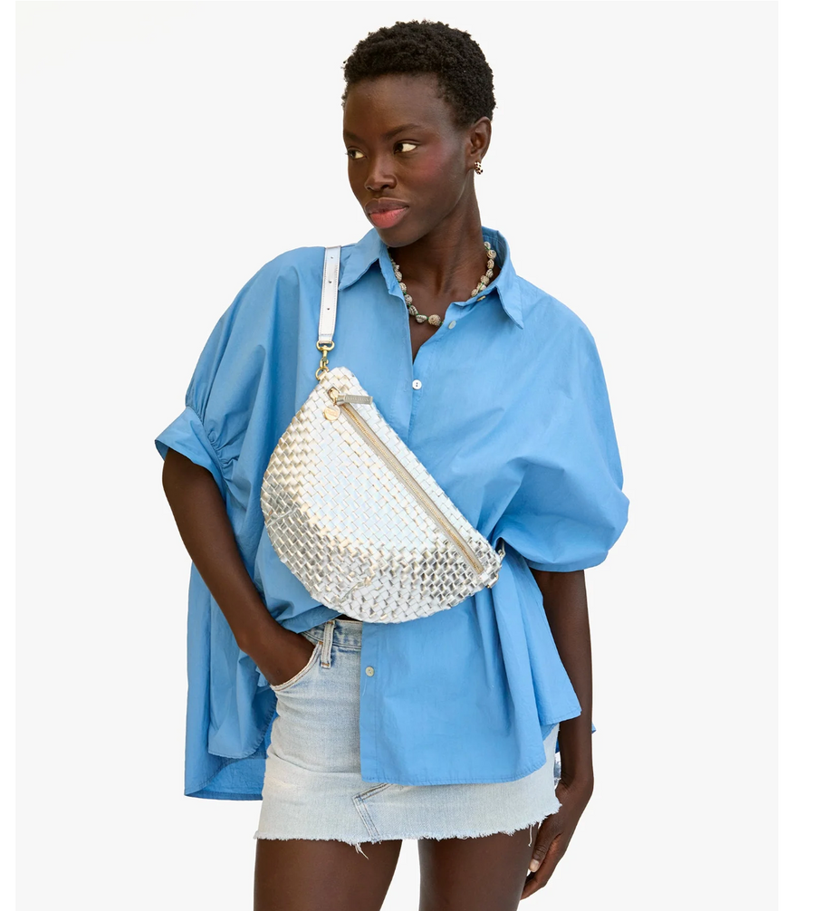 Clare V. Grande Fanny - Silver Specchio Woven Checker