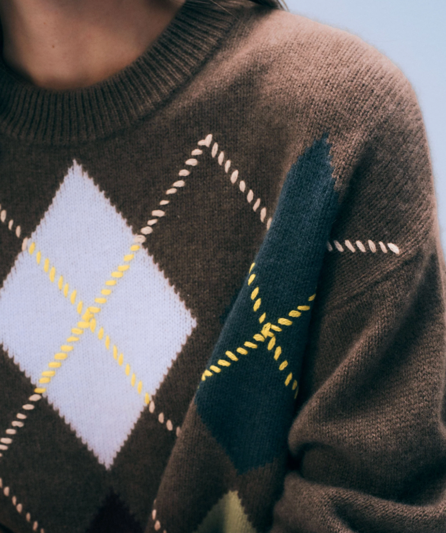 White & Warren Cashmere Argyle Crewneck - Multi Combo