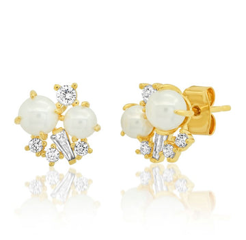 Pearl And CZ Cluster Stud Earrings