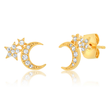 Two Star Moon Stud Earrings