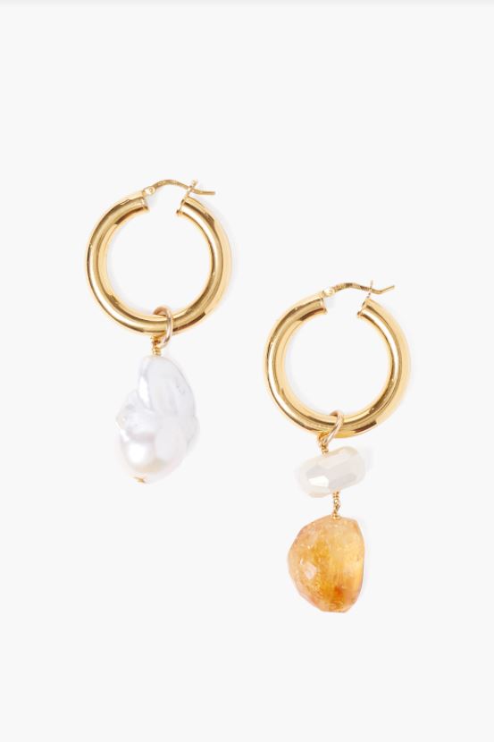Citrine, White Baroque Pearl Hoop Earrings - Gold