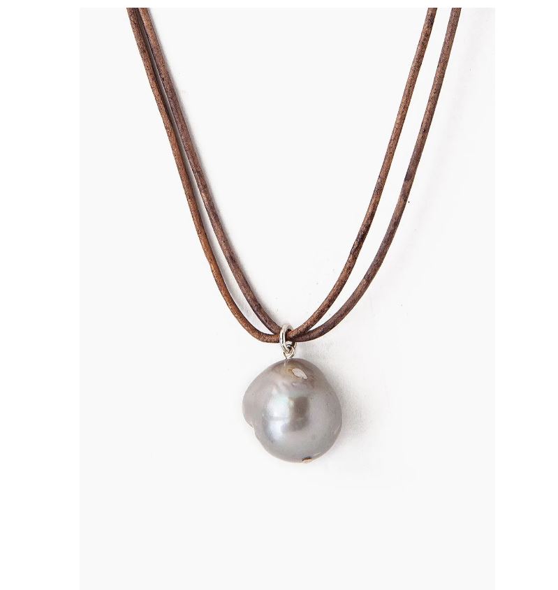 Grey Baroque Pearl on Leather Necklace