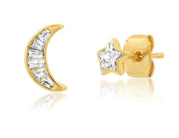 Mismatched Celestial Baguette CZ Studs - Gold