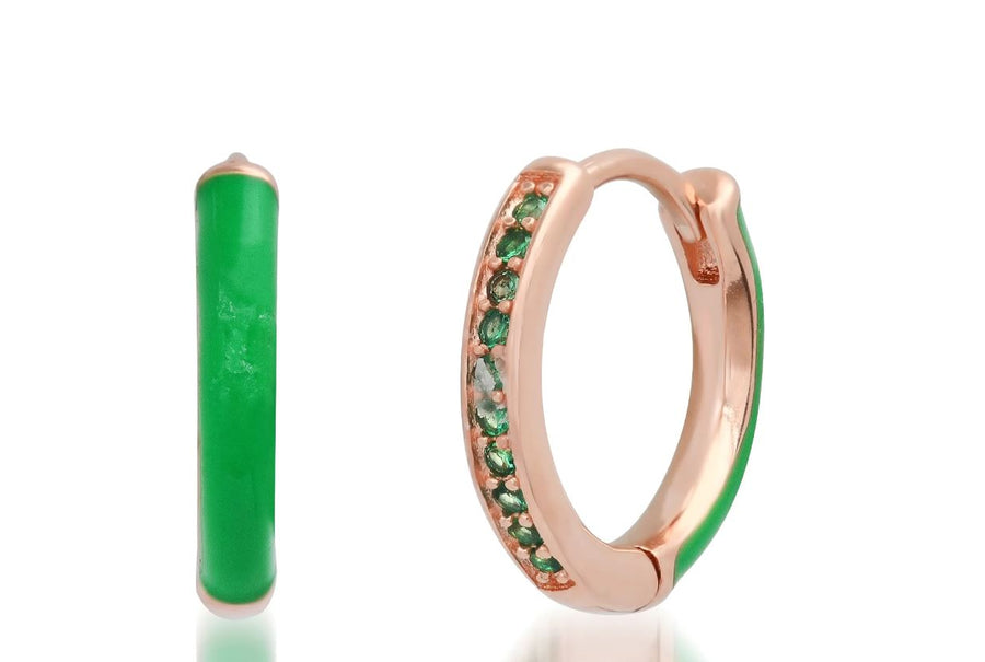 Pave CZ and Enamel Reversible Huggie Earrings - Emerald