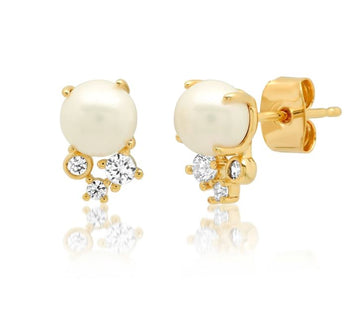 Simple Pearl Stud With CZ Cluster Earrings - Gold